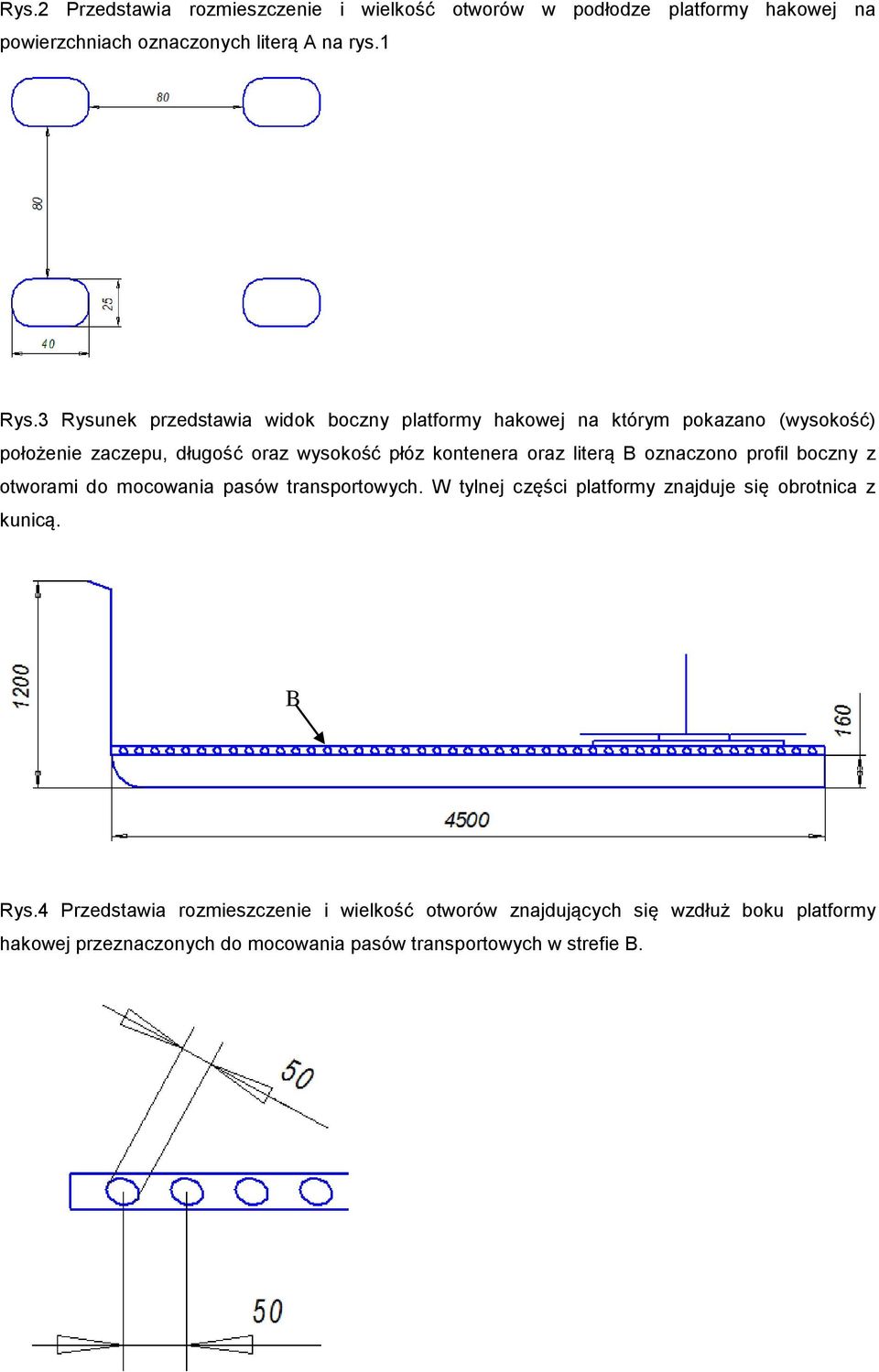 literą B oznaczono profil boczny z otworami do mocowania pasów transportowych. W tylnej części platformy znajduje się obrotnica z kunicą. B Rys.