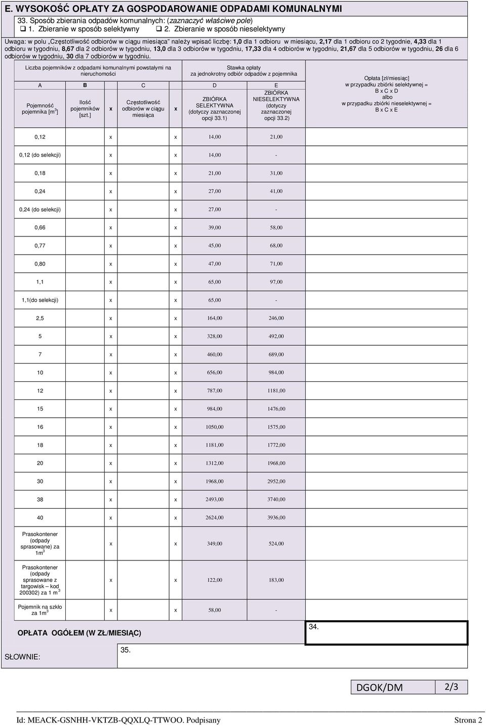 tygodniu, 8,67 dla 2 odbiorów w tygodniu, 13,0 dla 3 odbiorów w tygodniu, 17,33 dla 4 odbiorów w tygodniu, 21,67 dla 5 odbiorów w tygodniu, 26 dla 6 odbiorów w tygodniu, 30 dla 7 odbiorów w tygodniu.