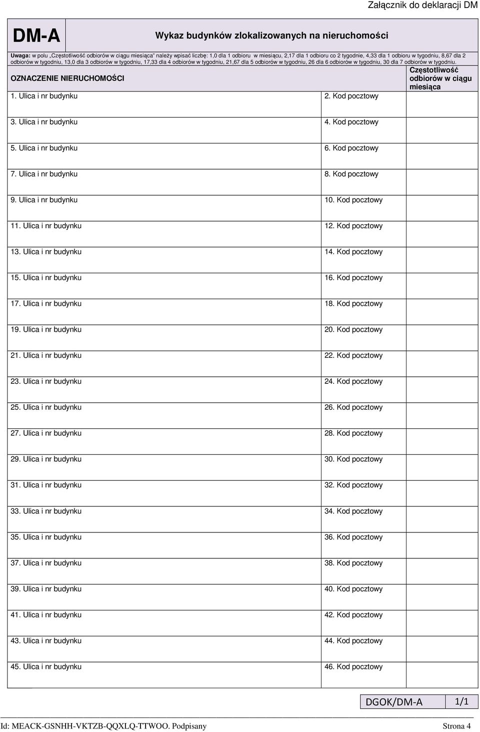 odbiorów w tygodniu, 30 dla 7 odbiorów w tygodniu. OZNACZENIE NIERUCHOMOŚCI 1. Ulica i nr budynku 2. Kod pocztowy Częstotliwość odbiorów w ciągu miesiąca 3. Ulica i nr budynku 4. Kod pocztowy 5.