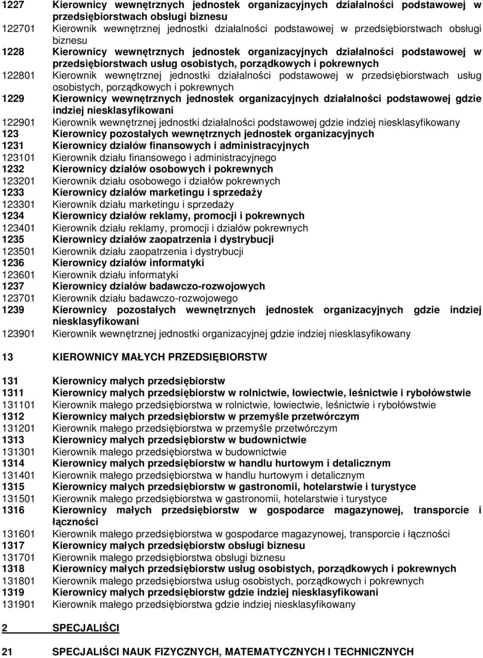 wewnętrznej jednostki działalności podstawowej w przedsiębiorstwach usług osobistych, porządkowych i pokrewnych 1229 Kierownicy wewnętrznych jednostek organizacyjnych działalności podstawowej gdzie