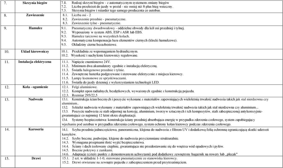 9.2. Wyposażony w system ABS, ESP i ASR lub EBS. 9.3. Hamulce tarczowe na wszystkich kolach. 9.4. Automatyczna kompensacja luzu elementów ciernych (klocki hamulcowe). 9.5.