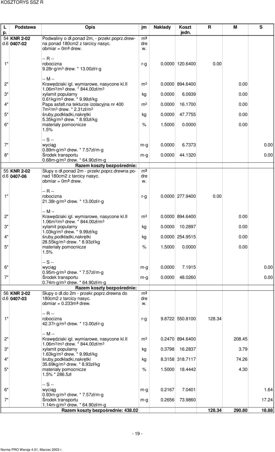 na tekturze izolacyjna nr 400 0.0000 16.1700 0.00 7 / drew. * 2.31zł/ 5* śruby,podkładki,nakrętki kg 0.0000 47.7755 0.00 5.35kg/ drew. * 8.93zł/kg 6* materiały pomocnicze 1.5% % 1.5000 0.0000 0.