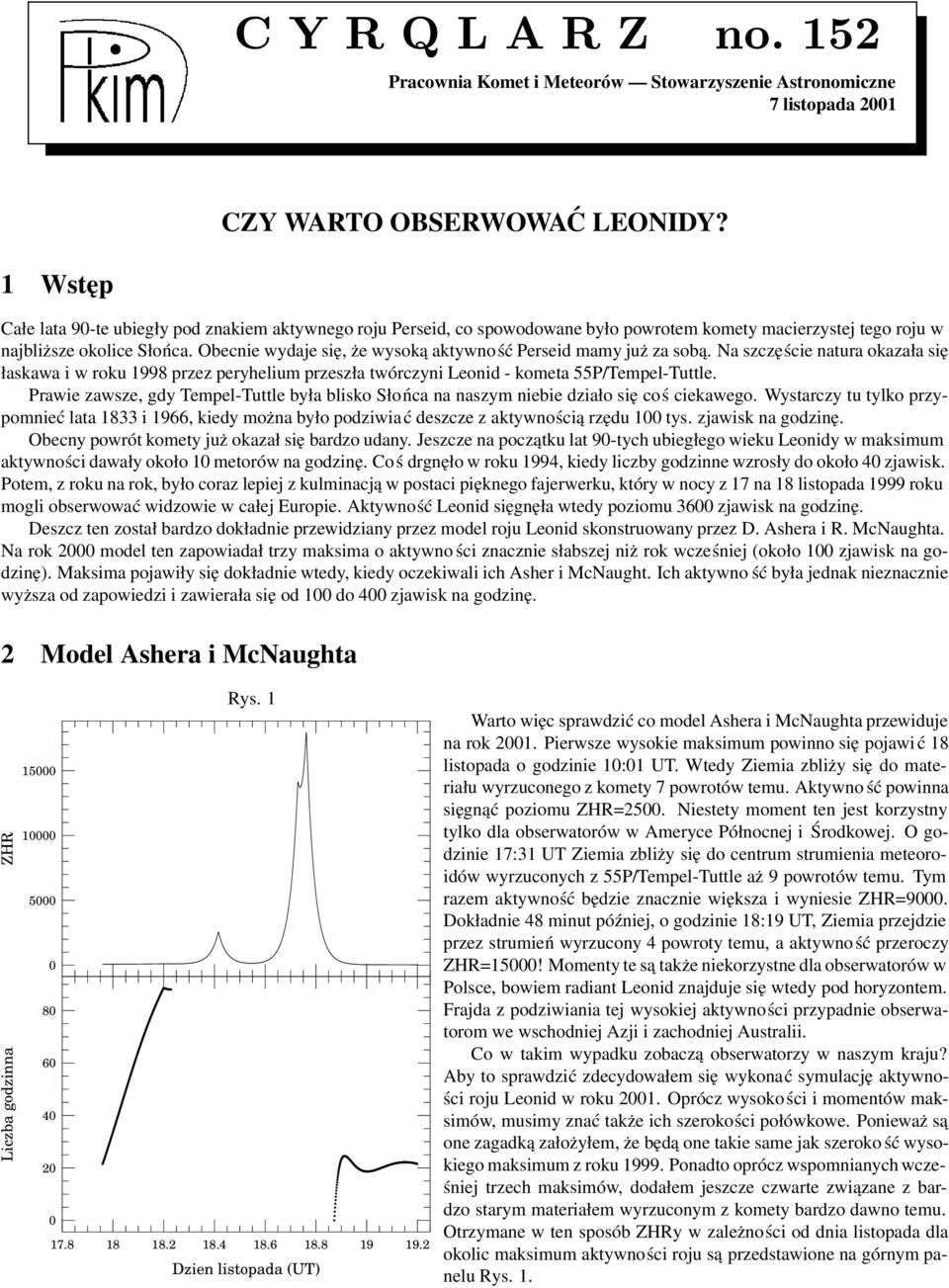 Obecnie wydaje się, że wysoką aktywno ść Perseid mamy już za sobą. Na szczęście natura okazała się łaskawa i w roku 1998 przez peryhelium przeszła twórczyni Leonid - kometa 55P/Tempel-Tuttle.