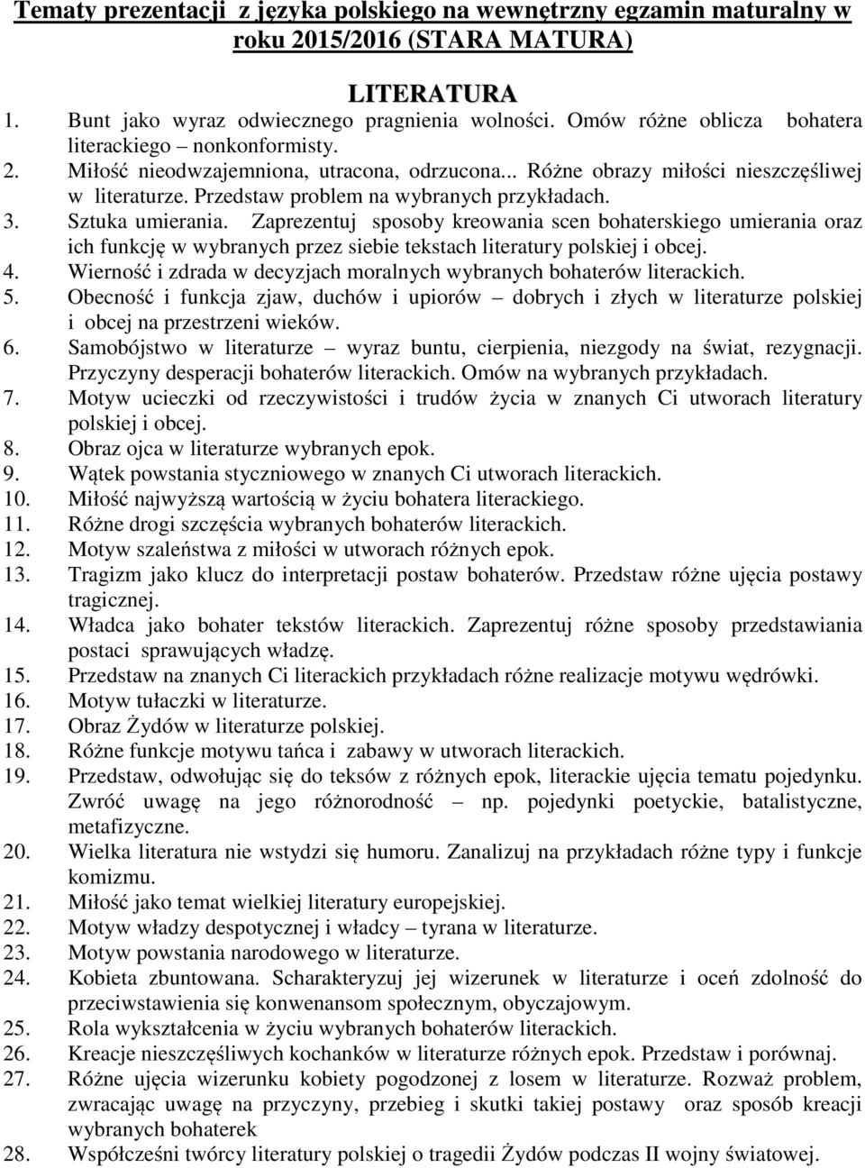 Sztuka umierania. Zaprezentuj sposoby kreowania scen bohaterskiego umierania oraz ich funkcję w wybranych przez siebie tekstach literatury polskiej i obcej. 4.