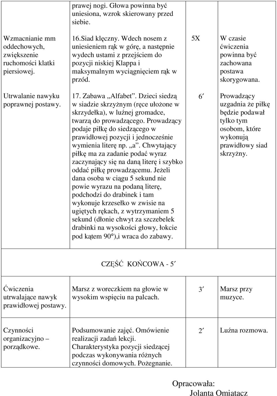 5X W czasie ćwiczenia powinna być zachowana postawa skorygowana. Utrwalanie nawyku poprawnej postawy. 17. Zabawa Alfabet.