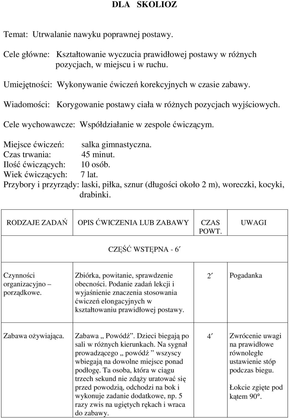 Miejsce ćwiczeń: salka gimnastyczna. Czas trwania: 45 minut. Ilość ćwiczących: 10 osób. Wiek ćwiczących: 7 lat.