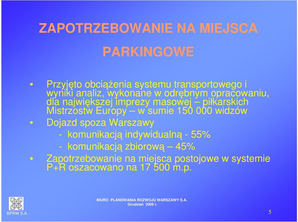 Europy w sumie 150 000 widzów Dojazd spoza Warszawy - komunikacją indywidualną - 55% -