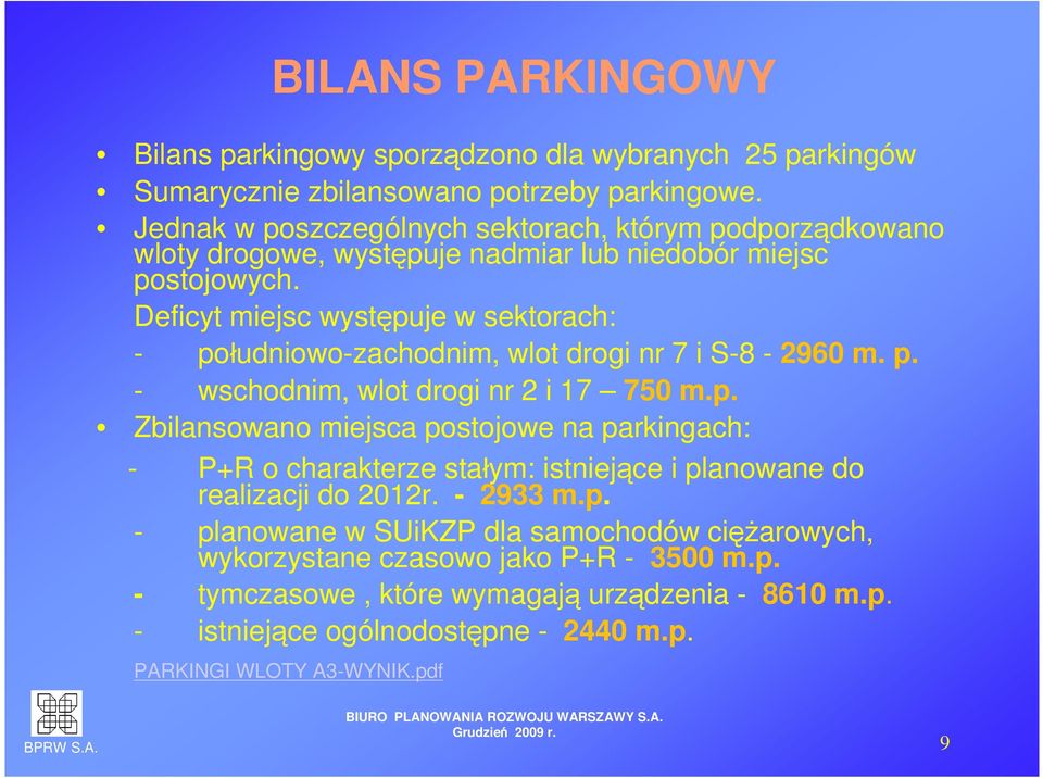 Deficyt miejsc występuje w sektorach: - południowo-zachodnim, wlot drogi nr 7 i S-8-2960 m. p. - wschodnim, wlot drogi nr 2 i 17 750 m.p. Zbilansowano miejsca postojowe na parkingach: - P+R o charakterze stałym: istniejące i planowane do realizacji do 2012r.