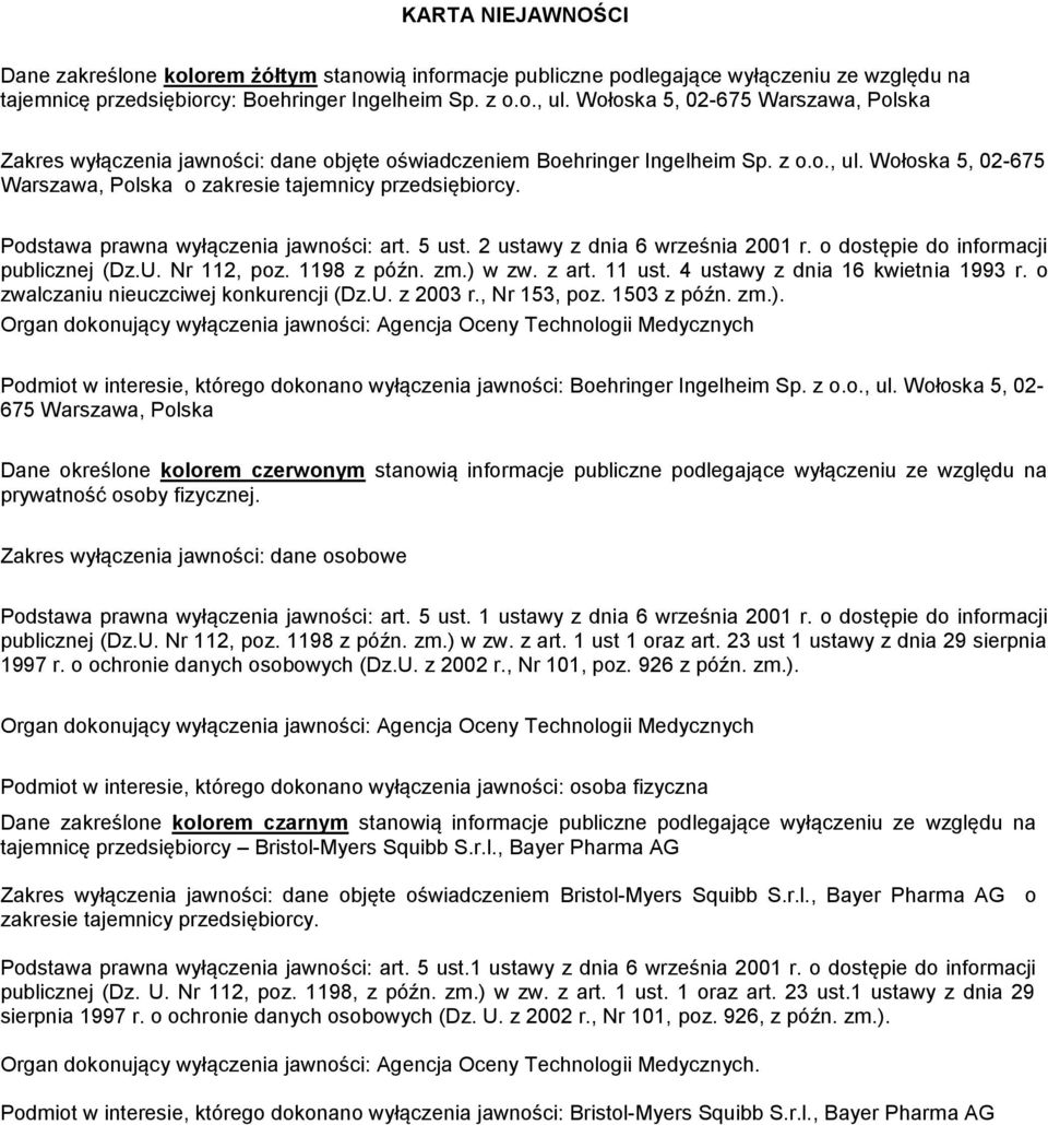 Podstawa prawna wyłączenia jawności: art. 5 ust. 2 ustawy z dnia 6 września 2001 r. o dostępie do informacji publicznej (Dz.U. Nr 112, poz. 1198 z późn. zm.) w zw. z art. 11 ust.