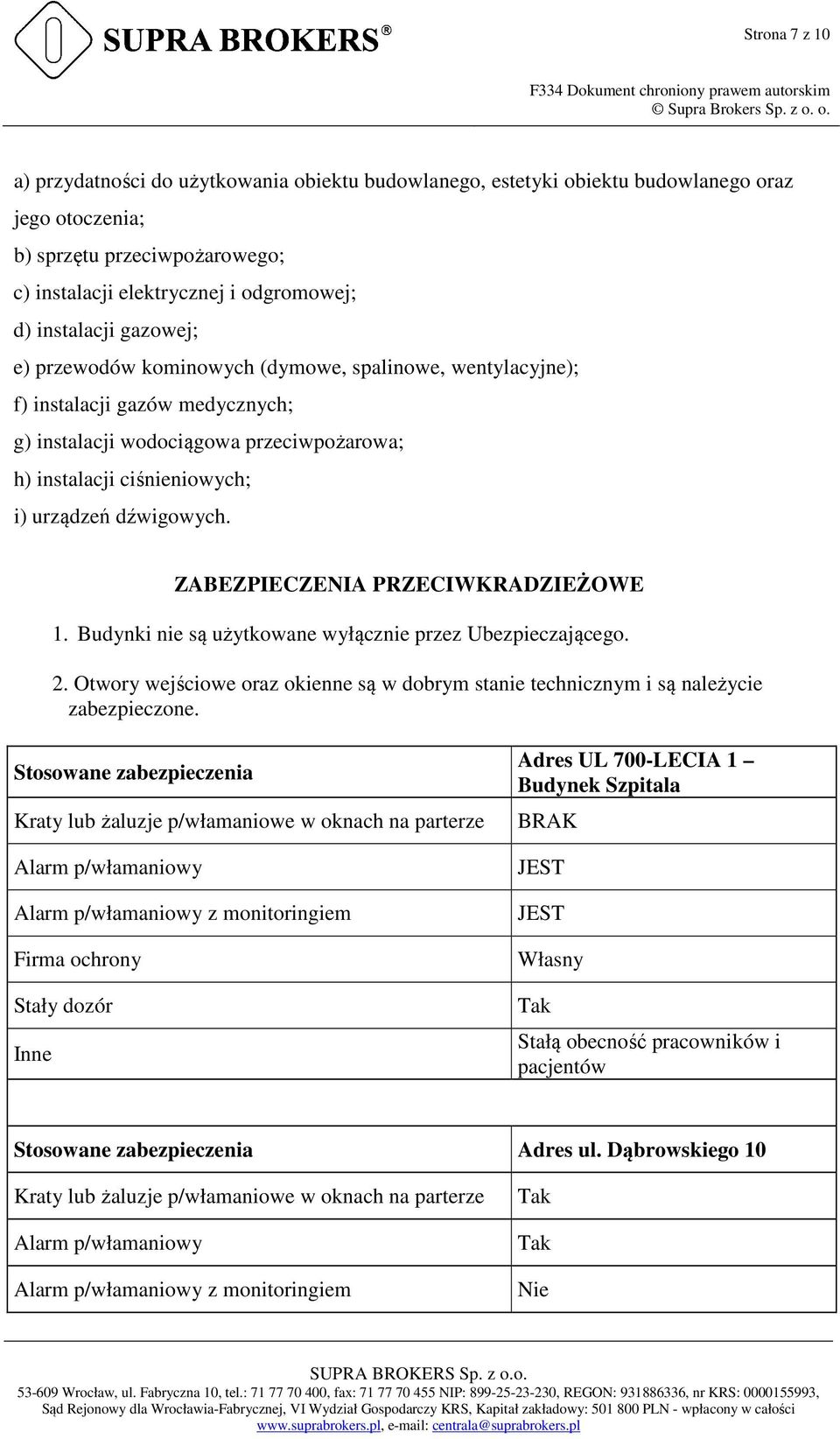 dźwigowych. ZABEZPIECZENIA PRZECIWKRADZIEŻOWE 1. Budynki nie są użytkowane wyłącznie przez Ubezpieczającego. 2.