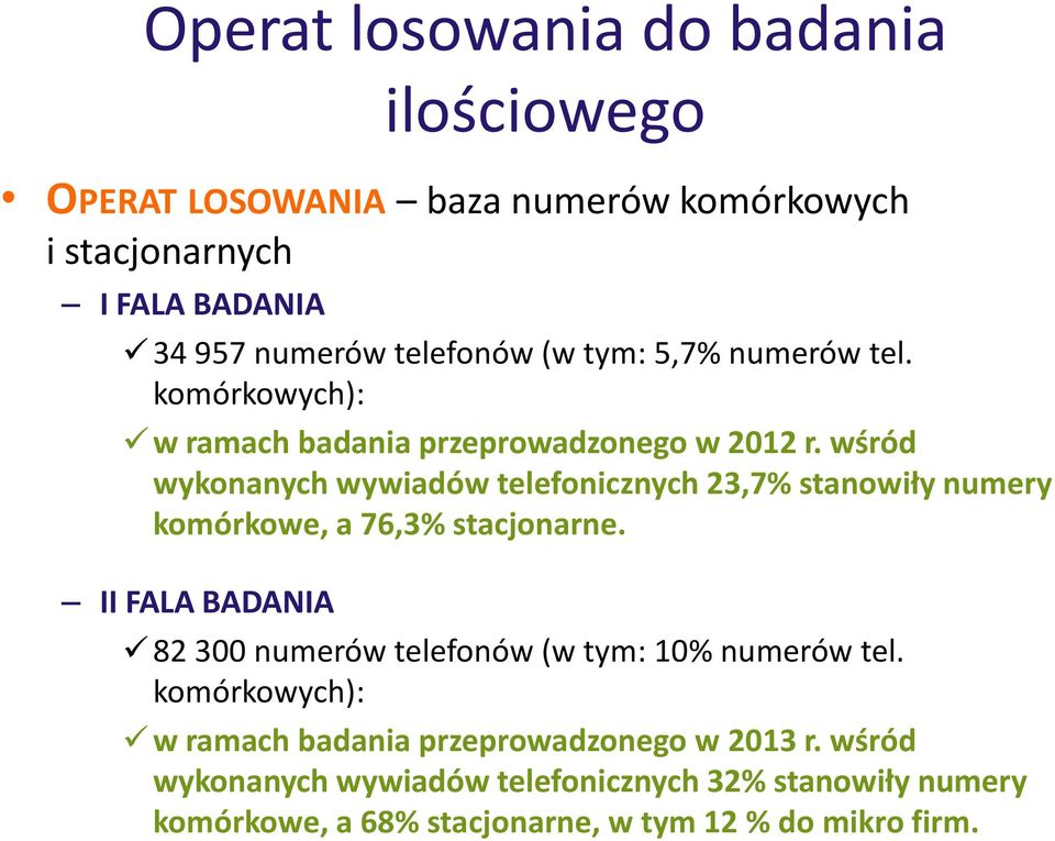 wśród wykonanych wywiadów telefonicznych 23,7% stanowiły numery komórkowe, a 76,3% stacjonarne.