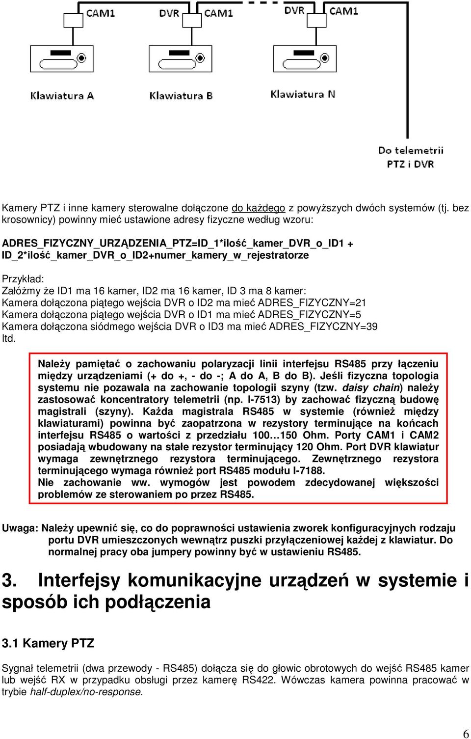 ZałóŜmy Ŝe ID1 ma 16 kamer, ID2 ma 16 kamer, ID 3 ma 8 kamer: Kamera dołączona piątego wejścia DVR o ID2 ma mieć ADRES_FIZYCZNY=21 Kamera dołączona piątego wejścia DVR o ID1 ma mieć ADRES_FIZYCZNY=5