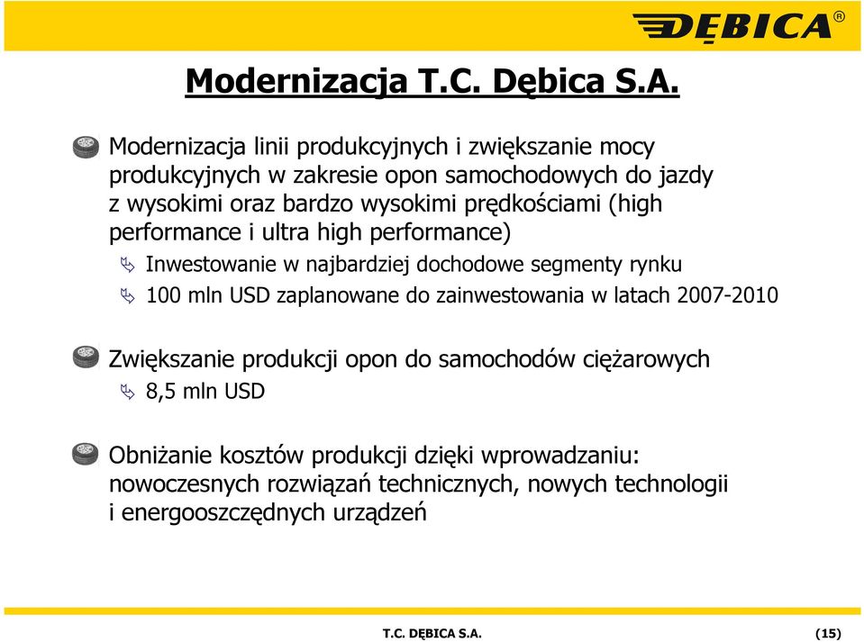 prędkościami (high performance i ultra high performance) Inwestowanie w najbardziej dochodowe segmenty rynku 100 mln USD zaplanowane do