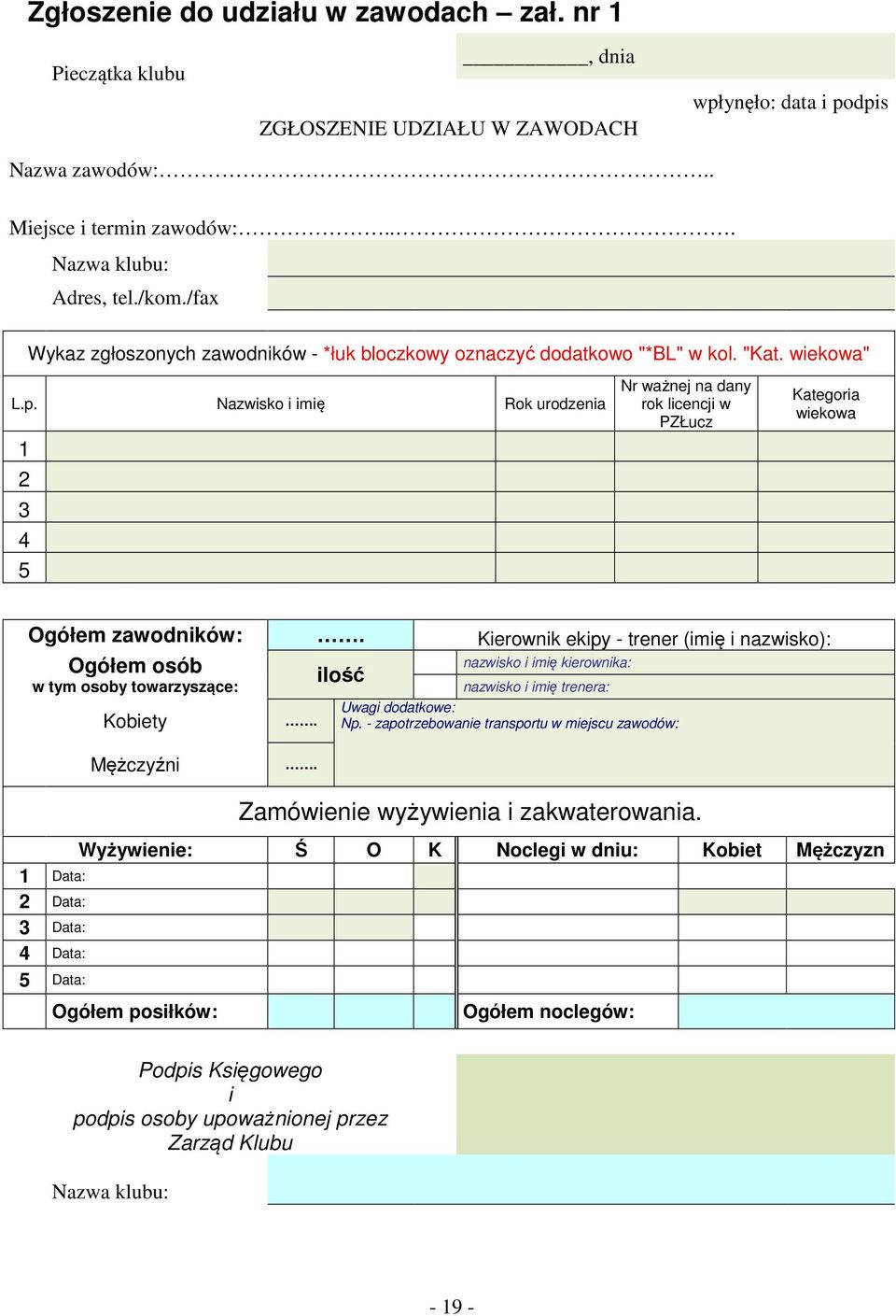 Nazwisko i imię Rok urodzenia 1 2 3 4 5 Nr ważnej na dany rok licencji w PZŁucz Kategoria wiekowa Ogółem zawodników:.