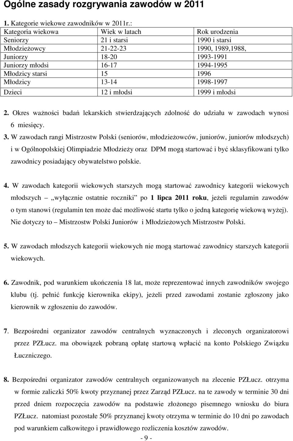 1996 Młodzicy 13-14 1998-1997 Dzieci 12 i młodsi 1999 i młodsi 2. Okres ważności badań lekarskich stwierdzających zdolność do udziału w zawodach wynosi 6 miesięcy. 3.