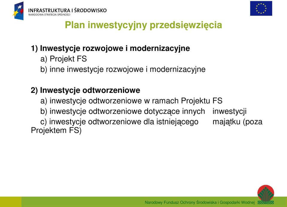 a) inwestycje odtworzeniowe w ramach Projektu FS b) inwestycje odtworzeniowe