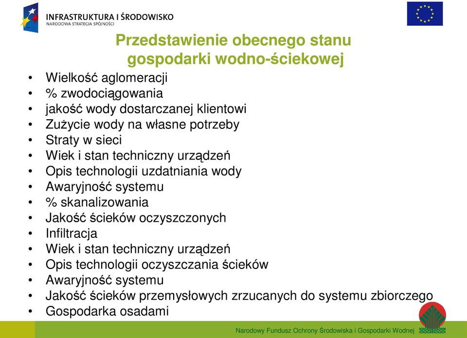 Awaryjność systemu % skanalizowania Jakość ścieków oczyszczonych Infiltracja Wiek i stan techniczny urządzeń Opis