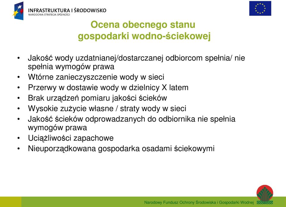 urządzeń pomiaru jakości ścieków Wysokie zuŝycie własne / straty wody w sieci Jakośćścieków odprowadzanych