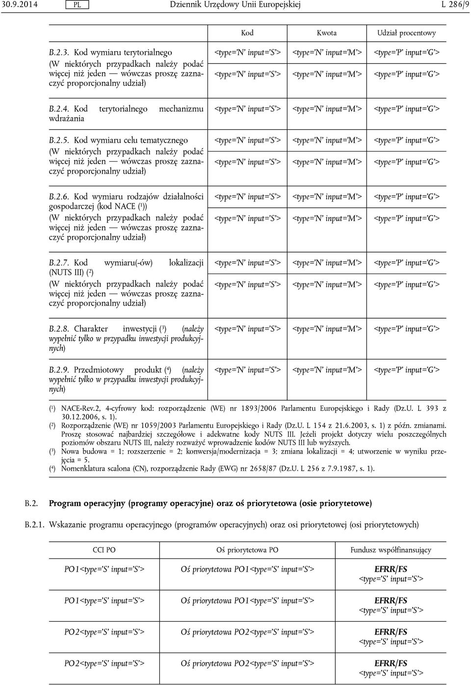 Kod wymiaru celu tematycznego (W niektórych przypadkach należy podać więcej niż jeden wówczas proszę zaznaczyć proporcjonalny udział) input='s'> <type='p' input='s'> <type='p' input='s'> <type='p' B.