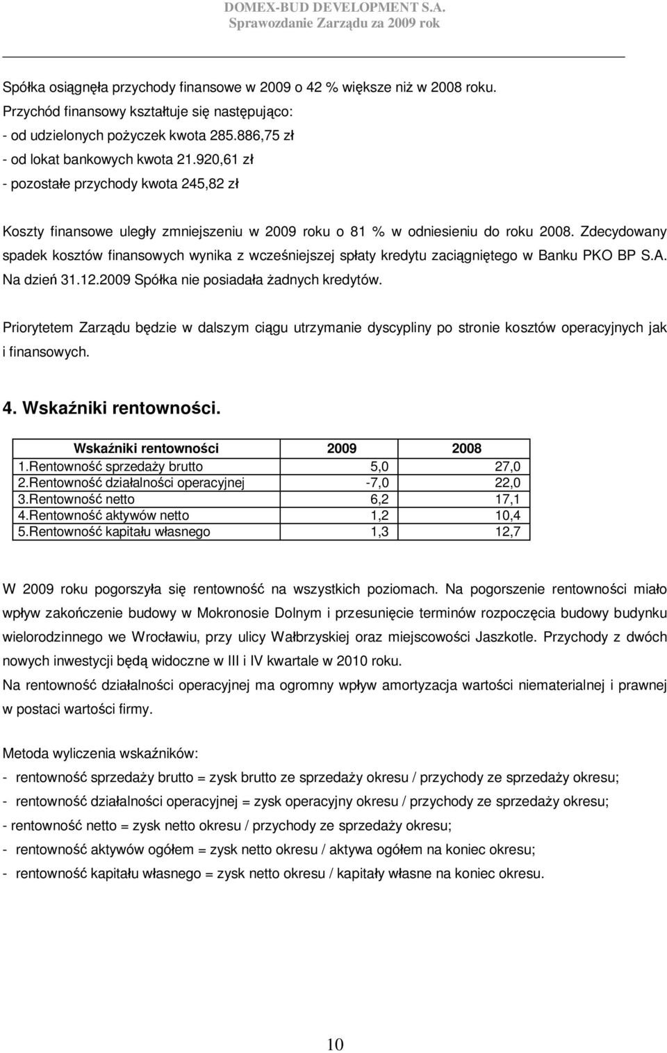 Zdecydowany spadek kosztów finansowych wynika z wcze niejszej sp aty kredytu zaci gni tego w Banku PKO BP S.A. Na dzie 31.12.2009 Spó ka nie posiada a adnych kredytów.