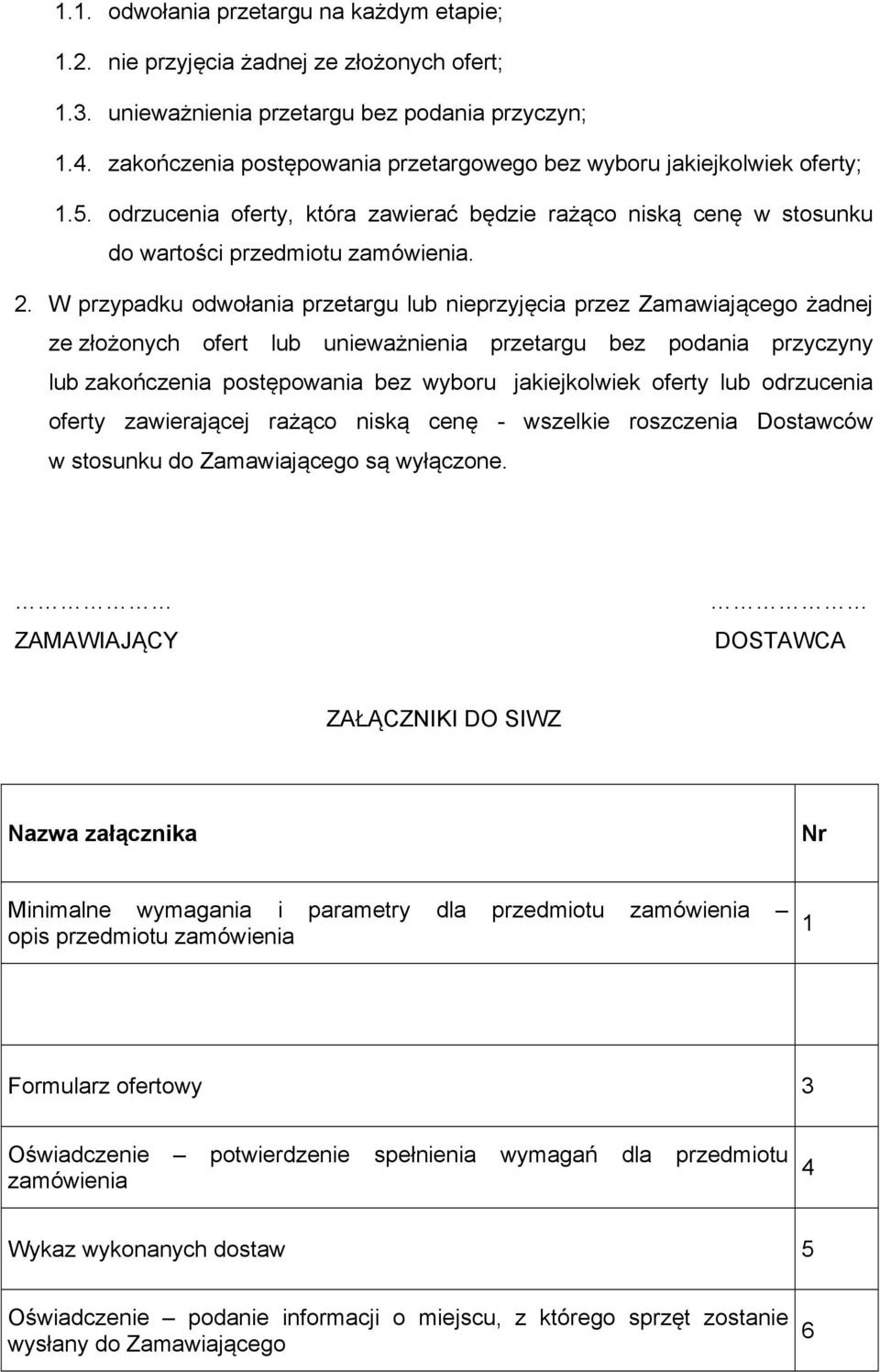 W przypadku odwołania przetargu lub nieprzyjęcia przez Zamawiającego żadnej ze złożonych ofert lub unieważnienia przetargu bez podania przyczyny lub zakończenia postępowania bez wyboru jakiejkolwiek