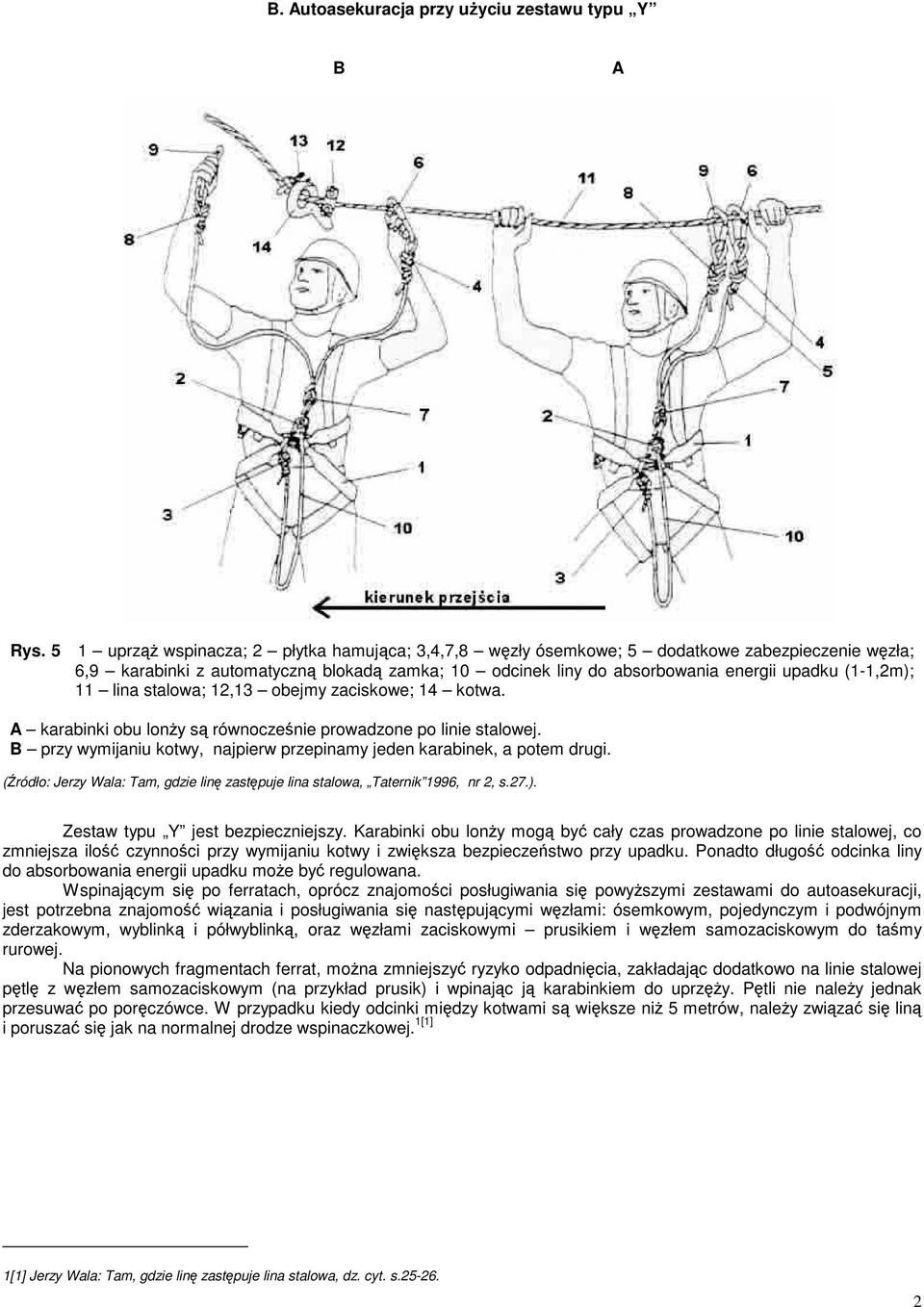 11 lina stalowa; 12,13 obejmy zaciskowe; 14 kotwa. A karabinki obu lonŝy są równocześnie prowadzone po linie stalowej. B przy wymijaniu kotwy, najpierw przepinamy jeden karabinek, a potem drugi.
