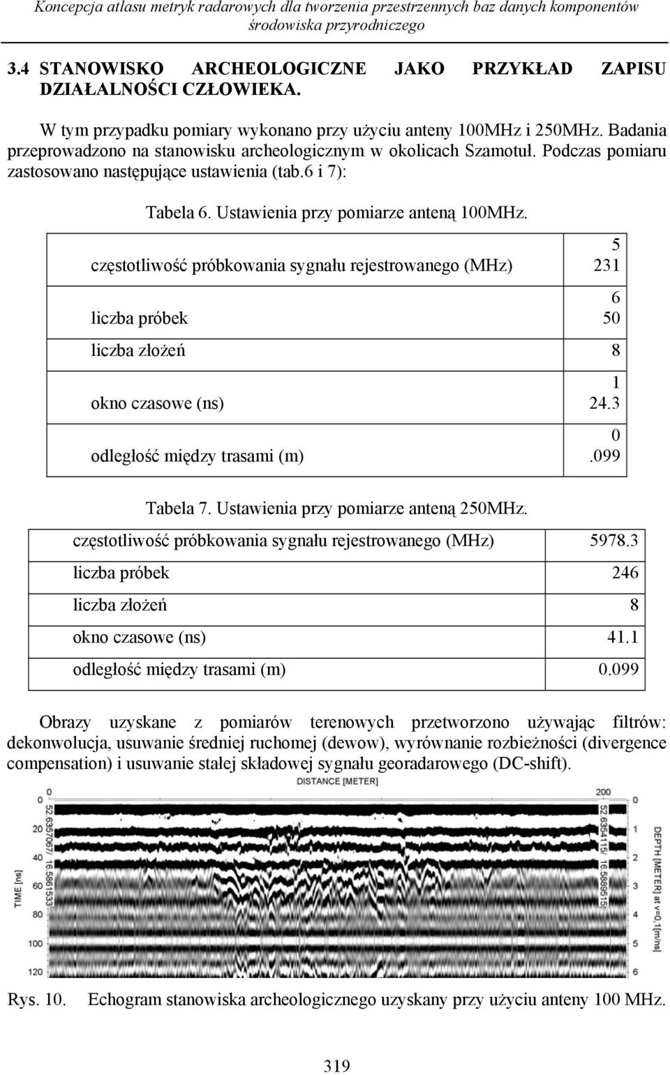 6 i 7): Tabela 6. Ustawienia przy pomiarze anteną 100MHz.