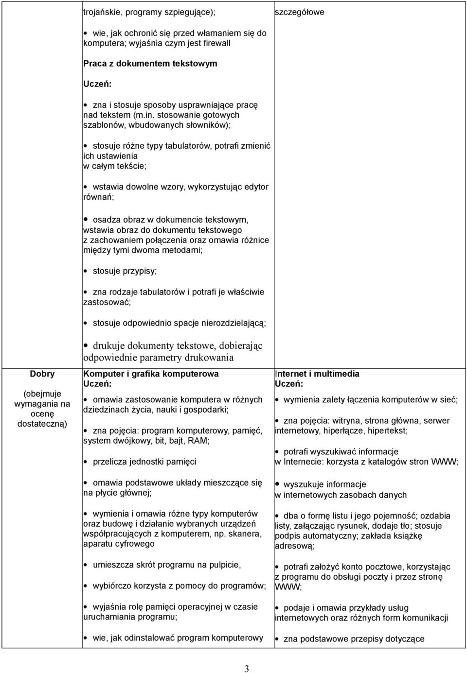 stosowanie gotowych szablonów, wbudowanych słowników); stosuje różne typy tabulatorów, potrafi zmienić ich ustawienia w całym tekście; wstawia dowolne wzory, wykorzystując edytor równań; Dobry ocenę