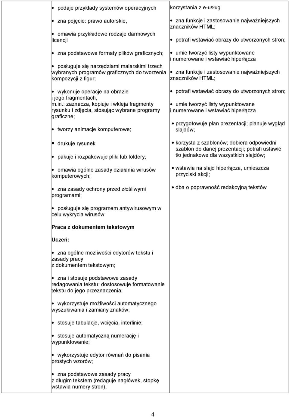 umie tworzyć listy wypunktowane i numerowane i wstawiać hiperłącza zna funkcje i zastosowanie najważniejszych znaczników HTML; wykonuje operacje na obrazie i jego fragmentach, m.in.