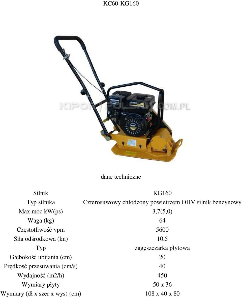 odśrodkowa (kn) 10,5 Głębokość ubijania (cm) 20 Prędkość przesuwania (cm/s)