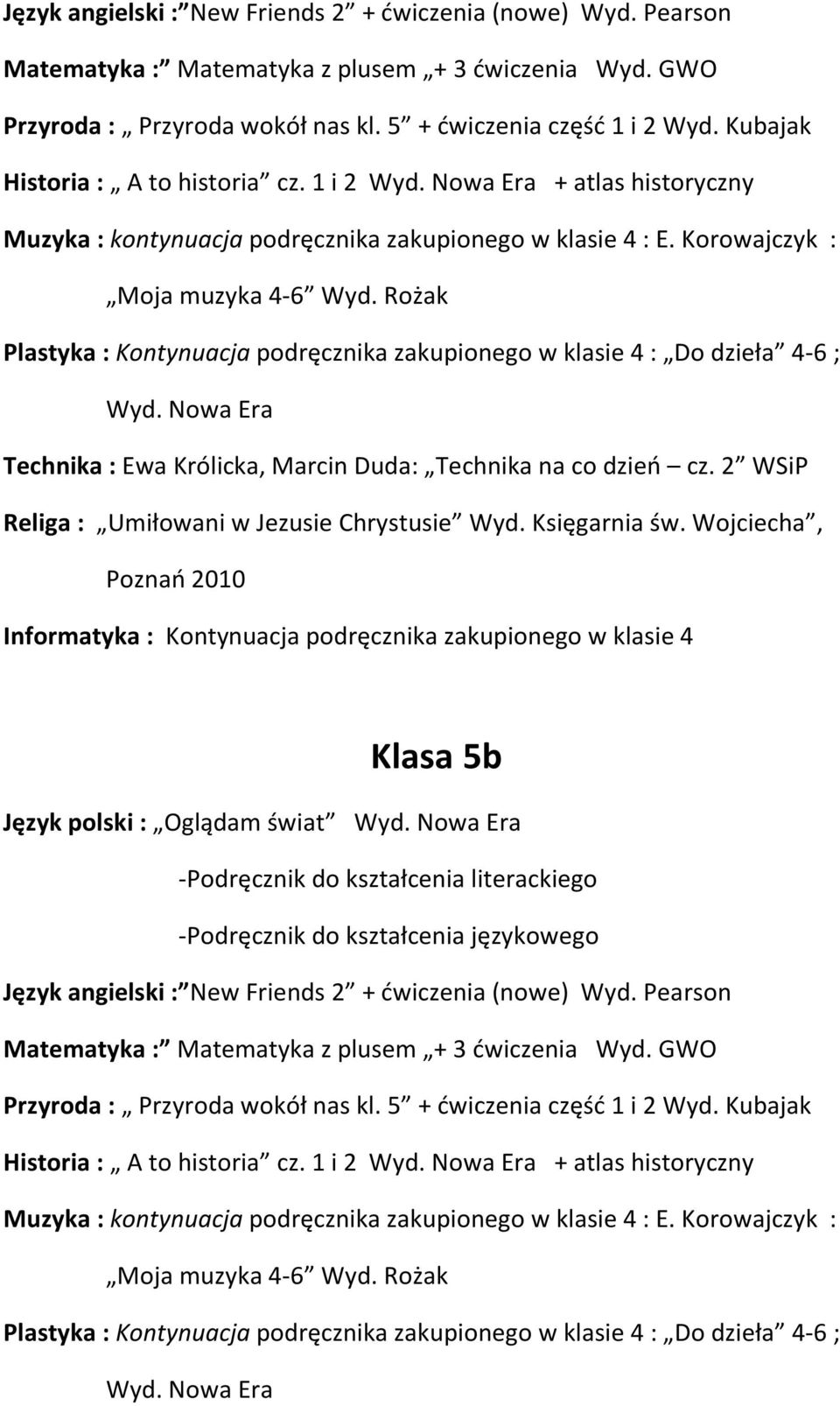 Rożak Plastyka : Kontynuacja podręcznika zakupionego w klasie 4 : Do dzieła 4-6 ; Wyd. Nowa Era Technika : Ewa Królicka, Marcin Duda: Technika na co dzień cz.