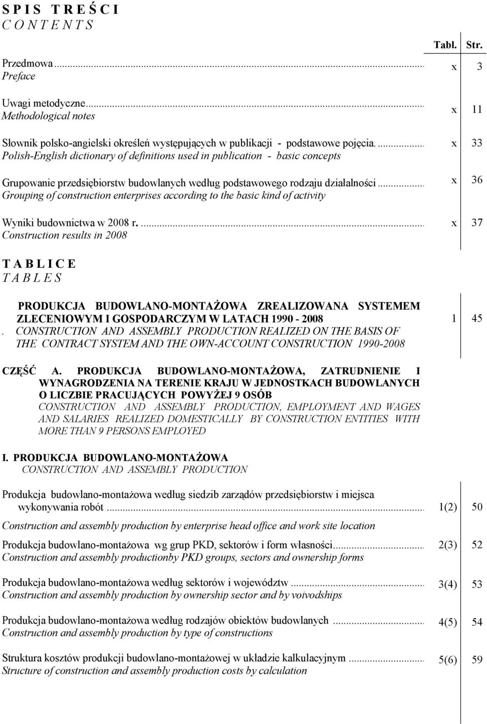 .. Grouping of construction enterprises according to the basic kind of activity Wyniki budownictwa w 2008 r..... Construction results in 2008 x 11 x 33 x 36 x 37 T A B L I C E T A B L E S I.