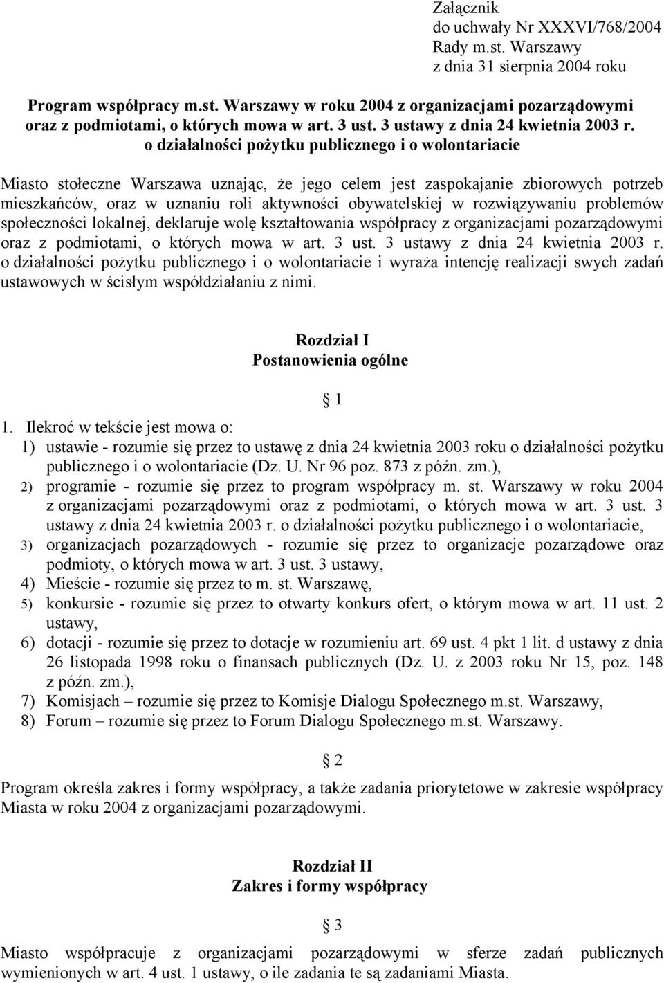 o działalności pożytku publicznego i o wolontariacie Miasto stołeczne Warszawa uznając, że jego celem jest zaspokajanie zbiorowych potrzeb mieszkańców, oraz w uznaniu roli aktywności obywatelskiej w