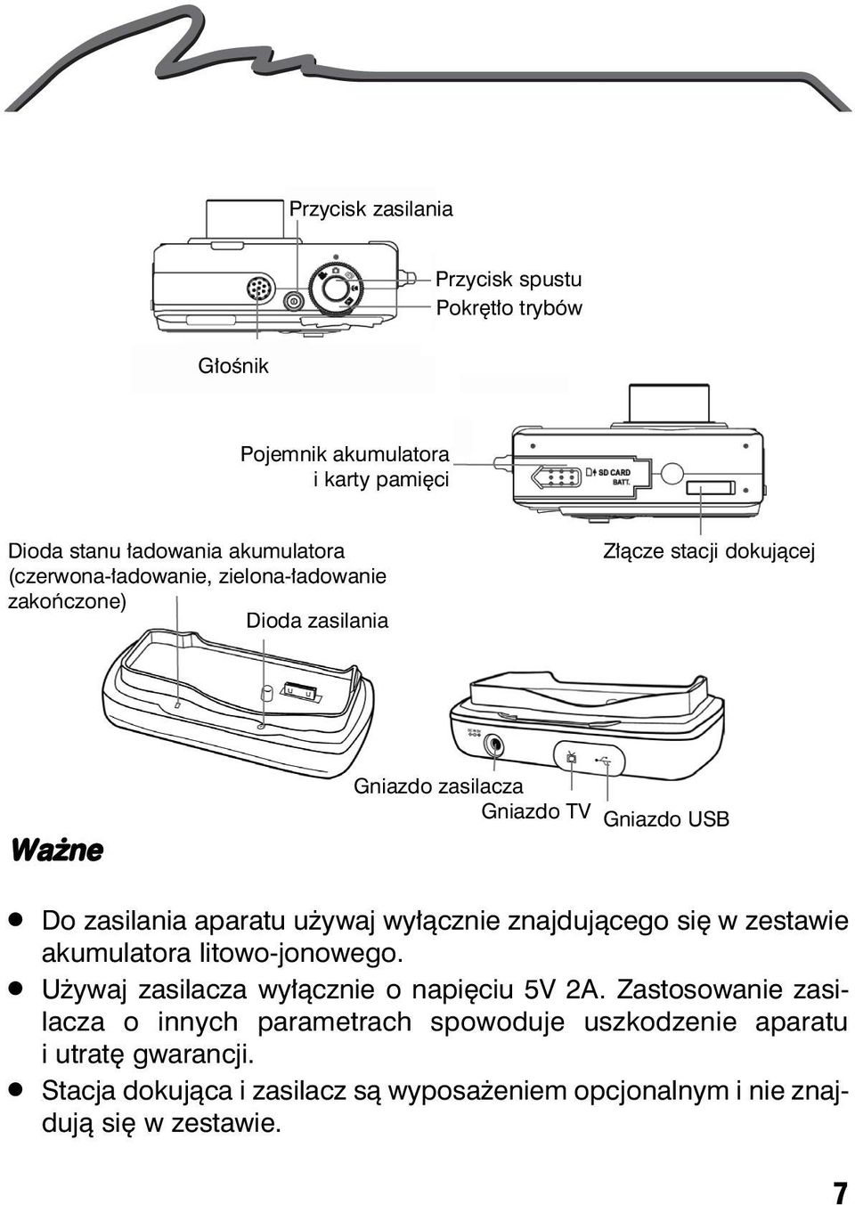 zasilania aparatu u ywaj wy³¹cznie znajduj¹cego siê w zestawie akumulatora litowo-jonowego. U ywaj zasilacza wy³¹cznie o napiêciu 5V 2A.