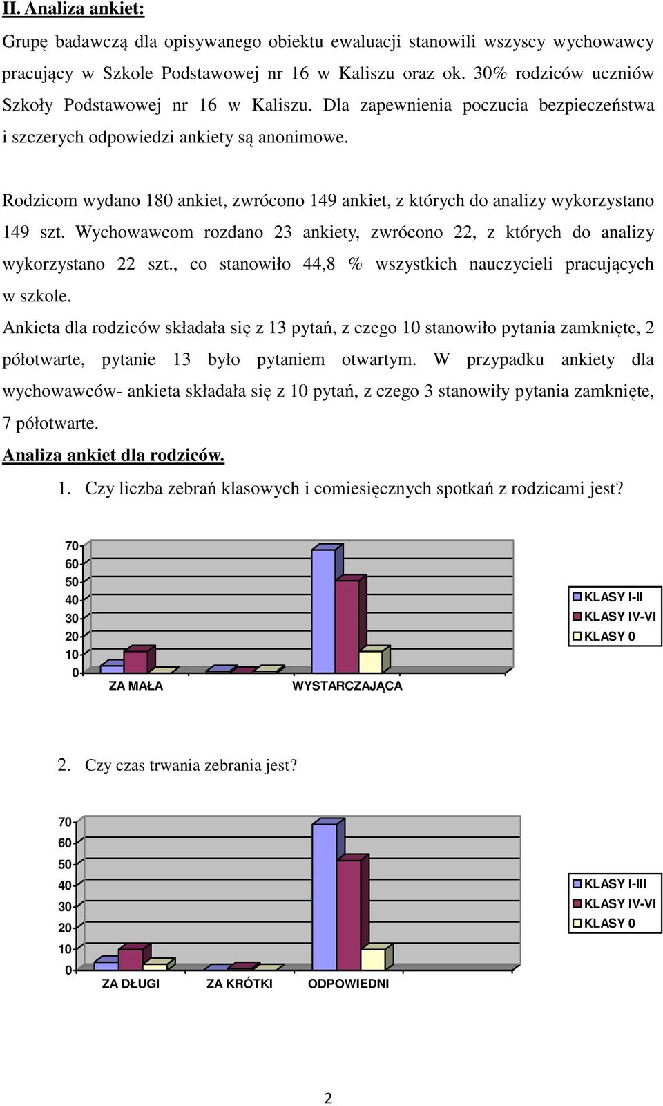 Rodzicom wydano 18 ankiet, zwrócono 149 ankiet, z których do analizy wykorzystano 149 szt. Wychowawcom rozdano 23 ankiety, zwrócono 22, z których do analizy wykorzystano 22 szt.