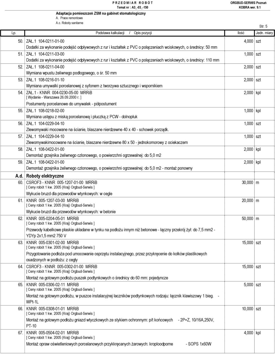 ZAŁ.1 108-0218-02-00 1,000 kpl Wymiana ustępu z miską porcelanową i płuczką z PCW - dolnopłuk 56. ZAŁ.