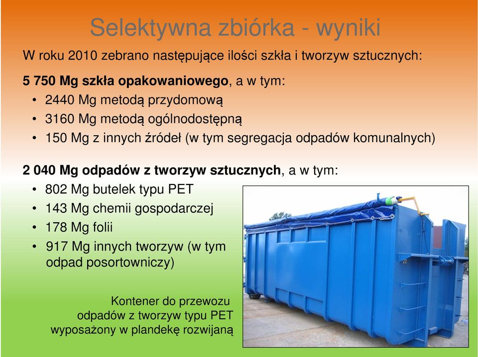 odpadów komunalnych) 2 040 Mg odpadów z tworzyw sztucznych, a w tym: 802 Mg butelek typu PET 143 Mg chemii gospodarczej 178
