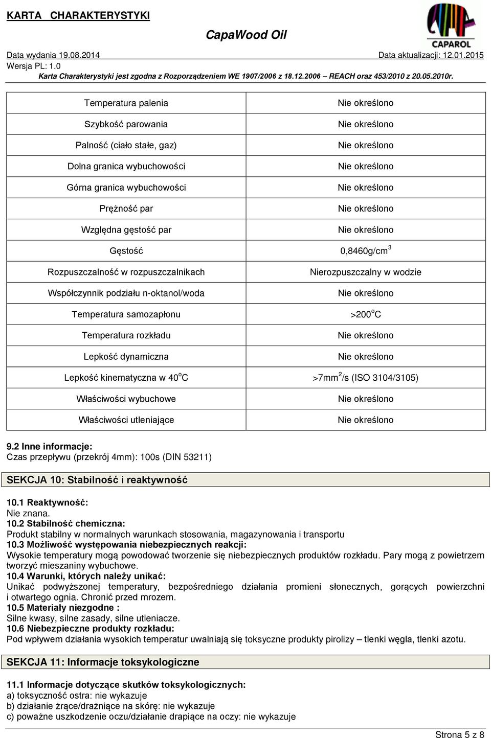 3104/3105) Właściwości wybuchowe Właściwości utleniające 9.2 Inne informacje: Czas przepływu (przekrój 4mm): 100