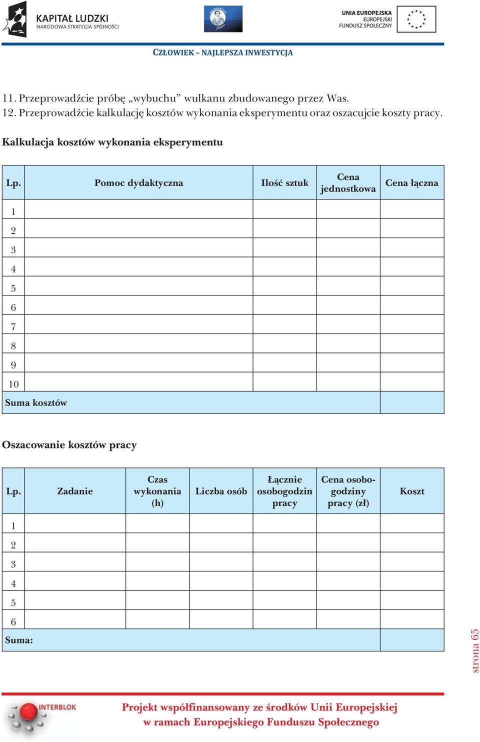 Kalkulacja kosztów wykonania eksperymentu Lp.