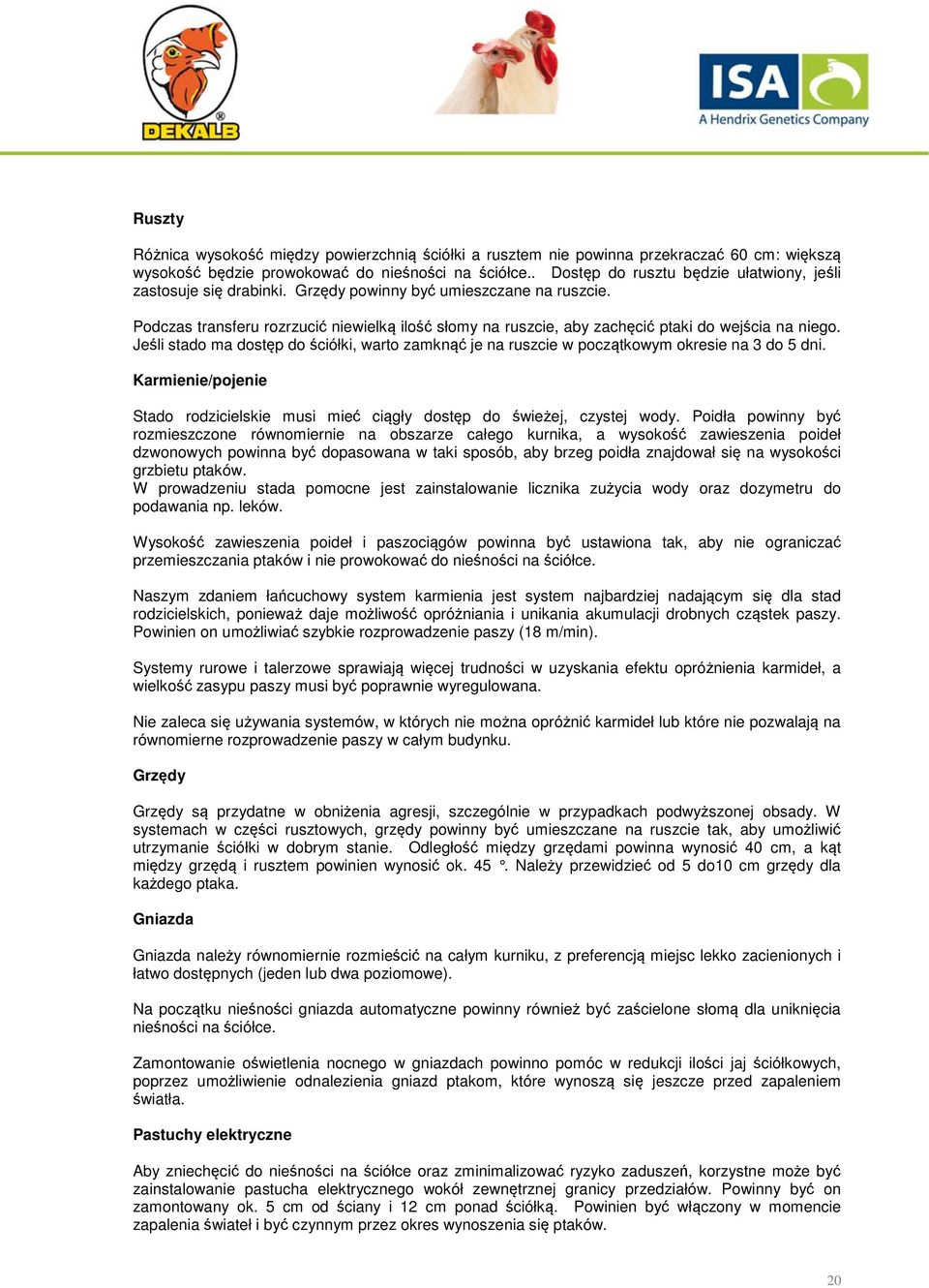 Podczas transferu rozrzucić niewielką ilość słomy na ruszcie, aby zachęcić ptaki do wejścia na niego. Jeśli stado ma dostęp do ściółki, warto zamknąć je na ruszcie w początkowym okresie na 3 do 5 dni.