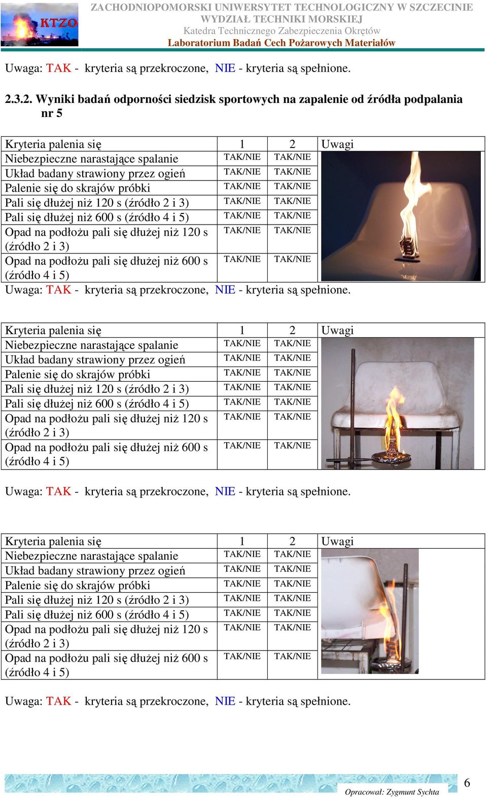 się do skrajów próbki Pali się dłuŝej niŝ 120 s (źródło 2 i 3) Pali się dłuŝej niŝ 600 s (źródło 4 i 5) Opad na podłoŝu pali się dłuŝej niŝ 120 s (źródło 2 i 3) Opad na podłoŝu pali się dłuŝej niŝ