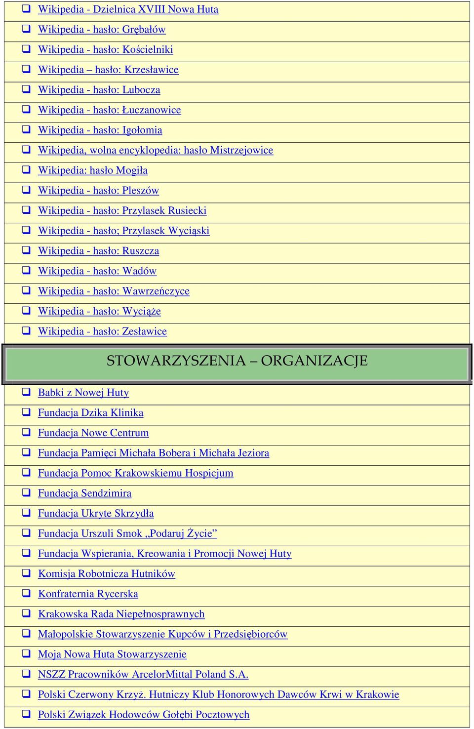 Wikipedia - hasło: Ruszcza Wikipedia - hasło: Wadów Wikipedia - hasło: Wawrzeńczyce Wikipedia - hasło: Wyciąże Wikipedia - hasło: Zesławice STOWARZYSZENIA ORGANIZACJE Babki z Nowej Huty Fundacja