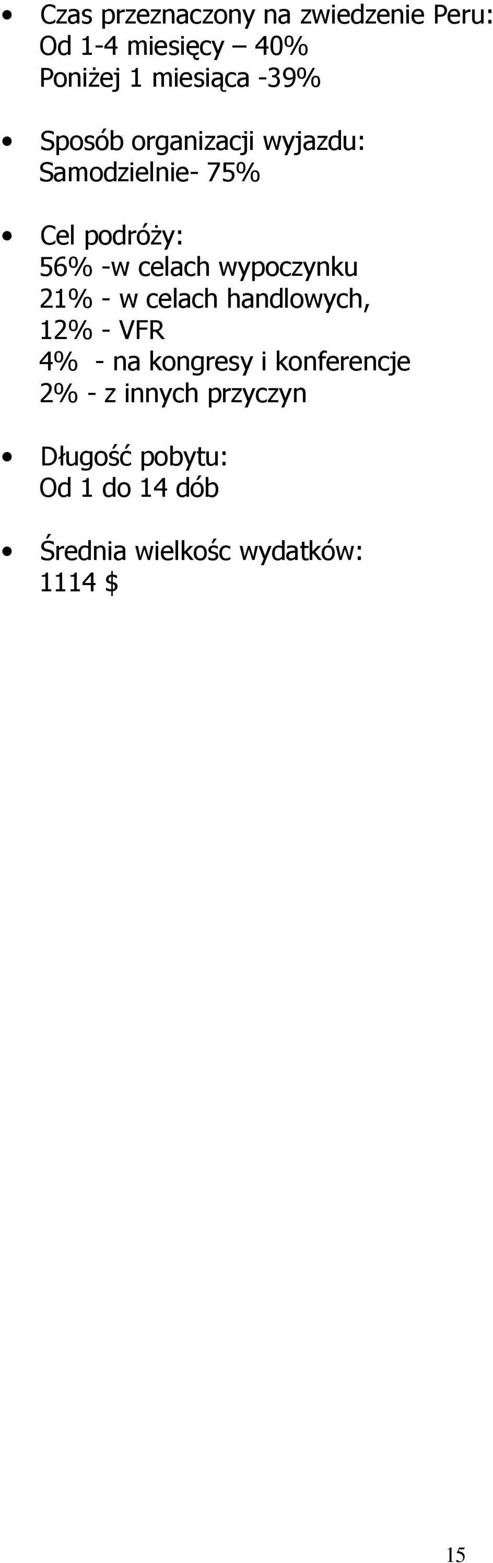 wypoczynku 21% - w celach handlowych, 12% - VFR 4% - na kongresy i konferencje