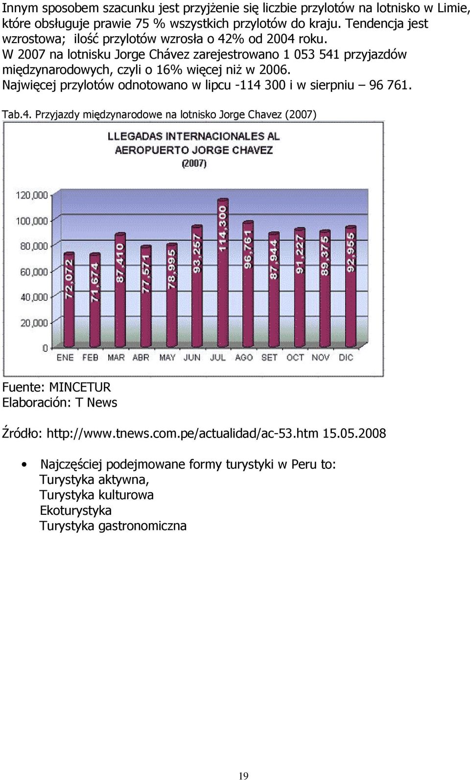 W 2007 na lotnisku Jorge Chávez zarejestrowano 1 053 541 przyjazdów międzynarodowych, czyli o 16% więcej niŝ w 2006.