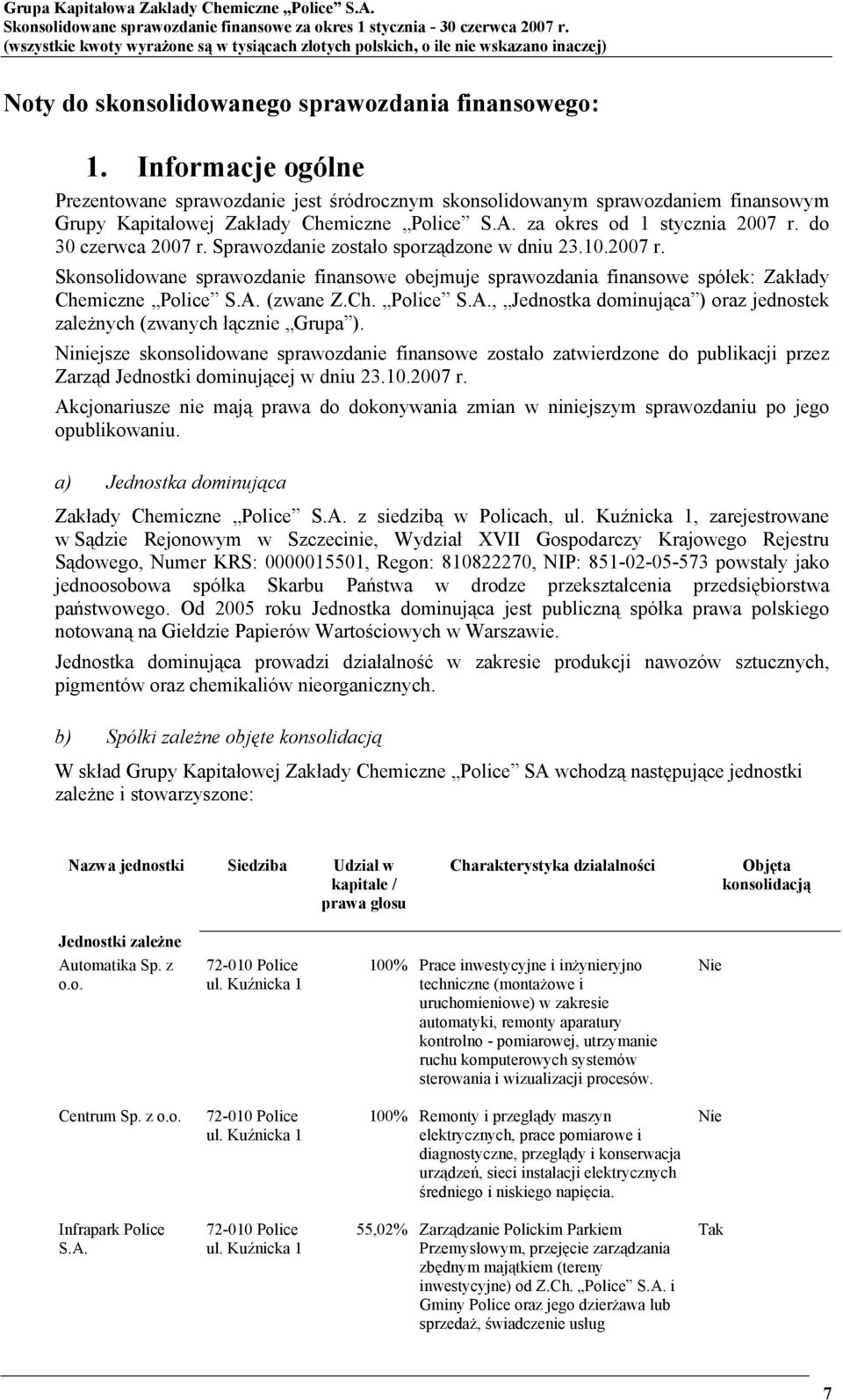 do 30 czerwca 2007 r. Sprawozdanie zostało sporządzone w dniu 23.10.2007 r. Skonsolidowane sprawozdanie finansowe obejmuje sprawozdania finansowe spółek: Zakłady Chemiczne Police S.A.