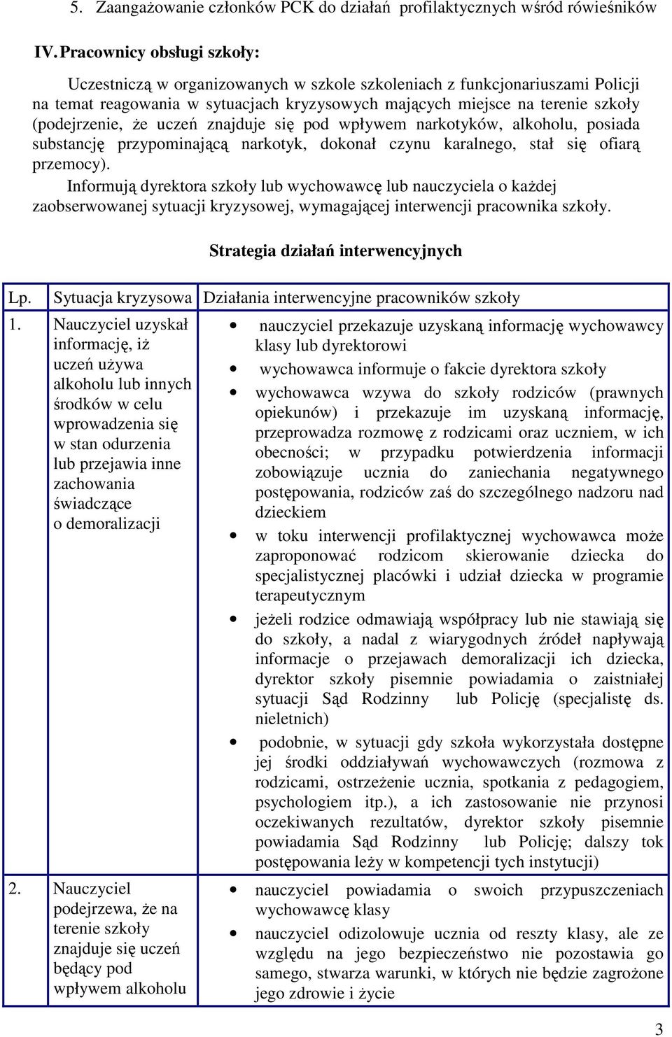 że uczeń znajduje się pod wpływem narkotyków, alkoholu, posiada substancję przypominającą narkotyk, dokonał czynu karalnego, stał się ofiarą przemocy).