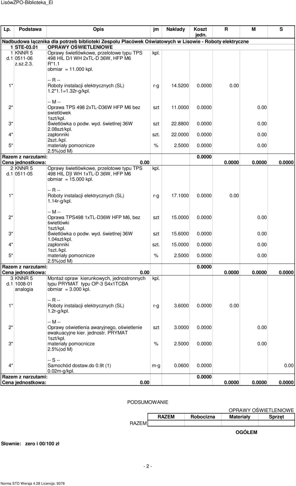 0000 0.0000 0.00 swietlówek 1szt/kpl. 3* Świetlówka o podw. wyd. świetlnej 36W szt 22.8800 0.0000 0.00 2.08szt/kpl. 4* zapłonniki 22.0000 0.0000 0.00 2/kpl. 5* ateriały poocnicze 2 KNNR 5 kpl. d.