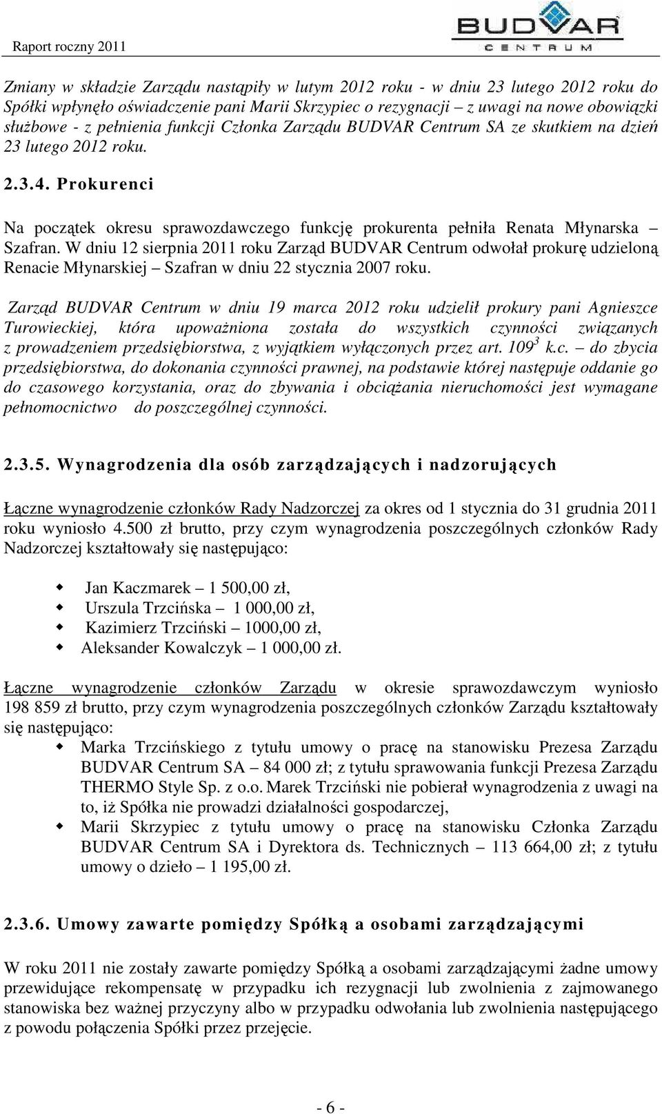 W dniu 12 sierpnia 2011 roku Zarząd BUDVAR Centrum odwołał prokurę udzieloną Renacie Młynarskiej Szafran w dniu 22 stycznia 2007 roku.