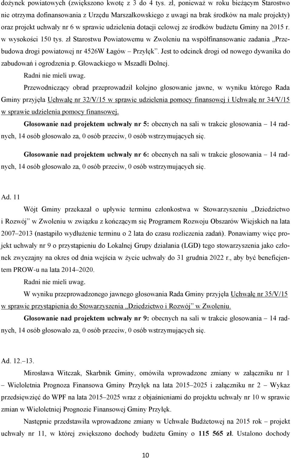 środków budżetu Gminy na 2015 r. w wysokości 150 tys. zł Starostwu Powiatowemu w Zwoleniu na współfinansowanie zadania Przebudowa drogi powiatowej nr 4526W Łagów Przyłęk.