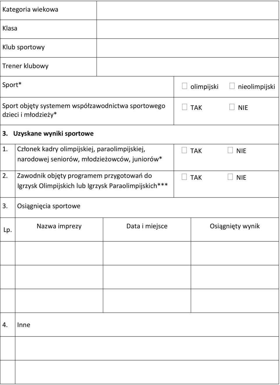 Członek kadry olimpijskiej, paraolimpijskiej, narodowej seniorów, młodzieżowców, juniorów* 2.